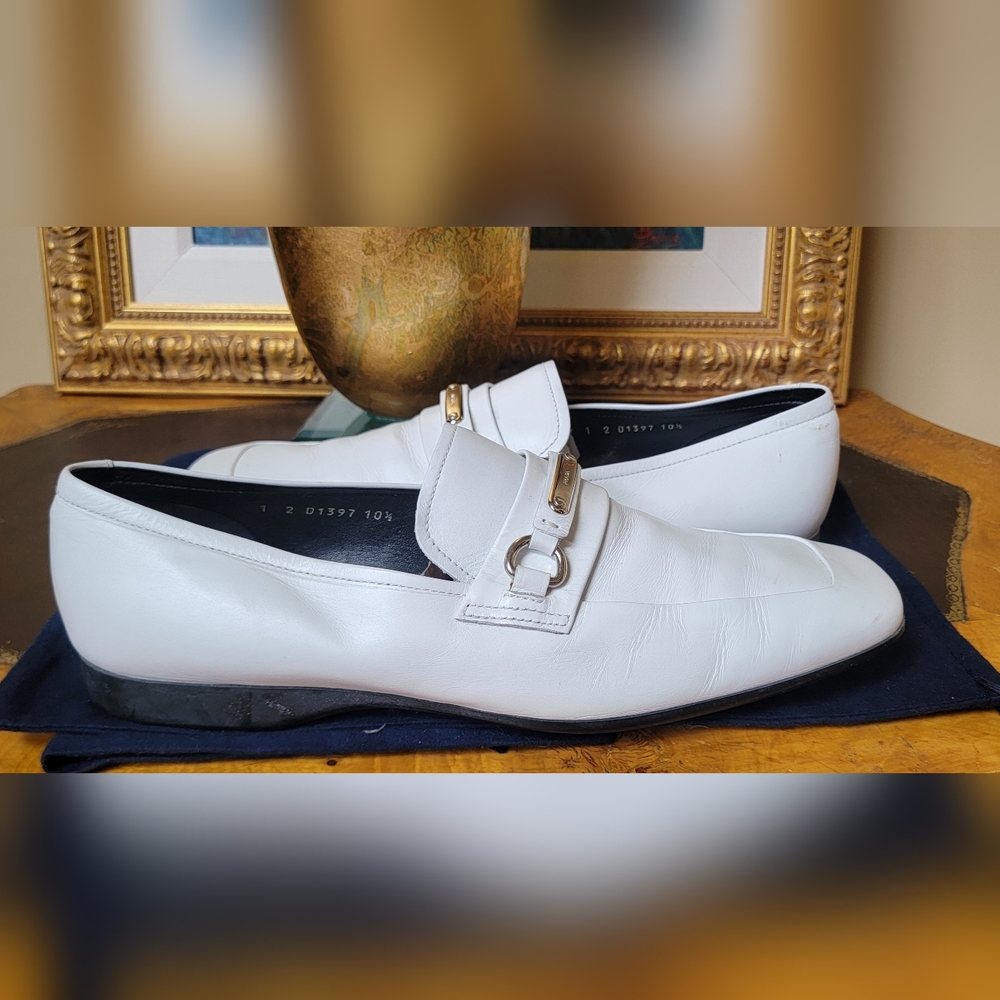 PRADA MEN'S WHITE LEATHER SLIP ON LOAFERS DRESS SHOES SILVER HARDWARE 10.5